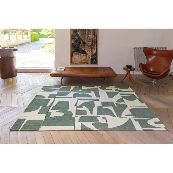 Gray And Green Geometric ,Washable, Non Skid Area Rug Photo 3