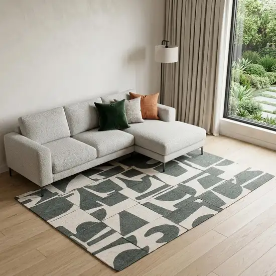 Gray And Green Geometric ,Washable, Non Skid Area Rug Photo 1