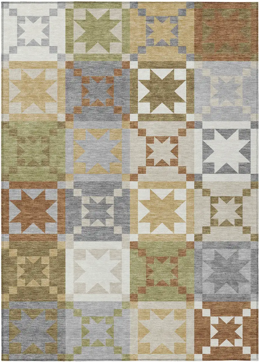 Gray And Green Patchwork Washable Indoor Outdoor Area Rug Photo 1