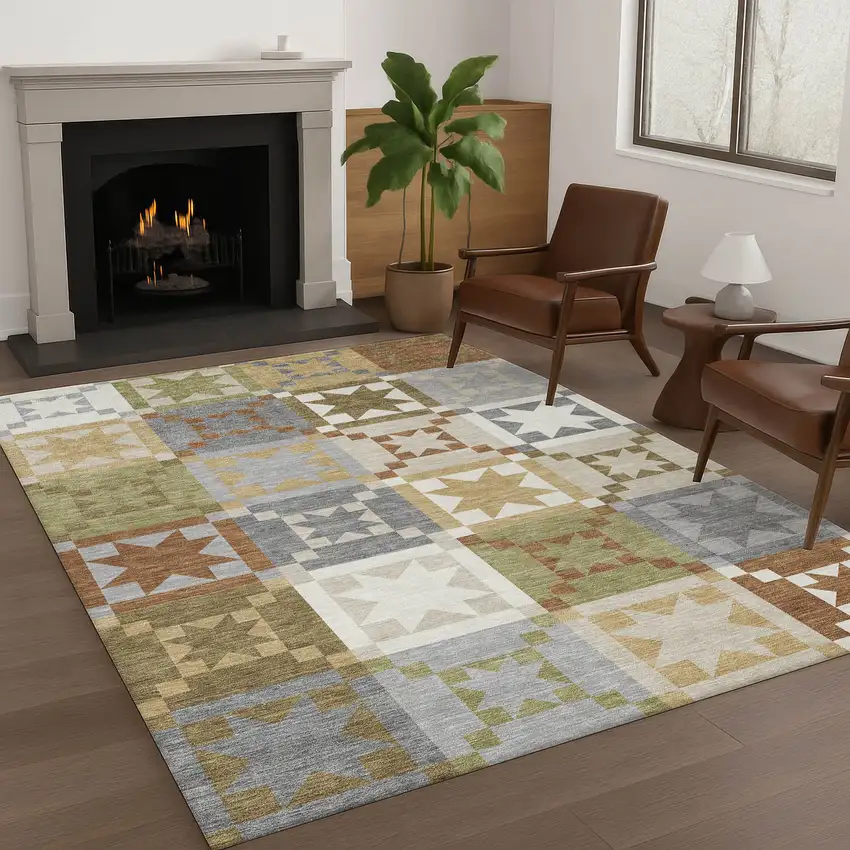 Gray And Green Patchwork Washable Indoor Outdoor Area Rug Photo 6
