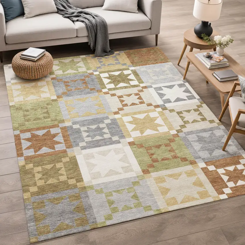 Gray And Green Patchwork Washable Indoor Outdoor Area Rug Photo 5