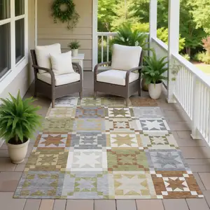Photo of Gray And Green Patchwork Washable Indoor Outdoor Area Rug