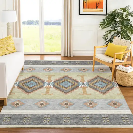 Gray And Green Southwestern Washable Indoor Outdoor Area Rug Photo 6