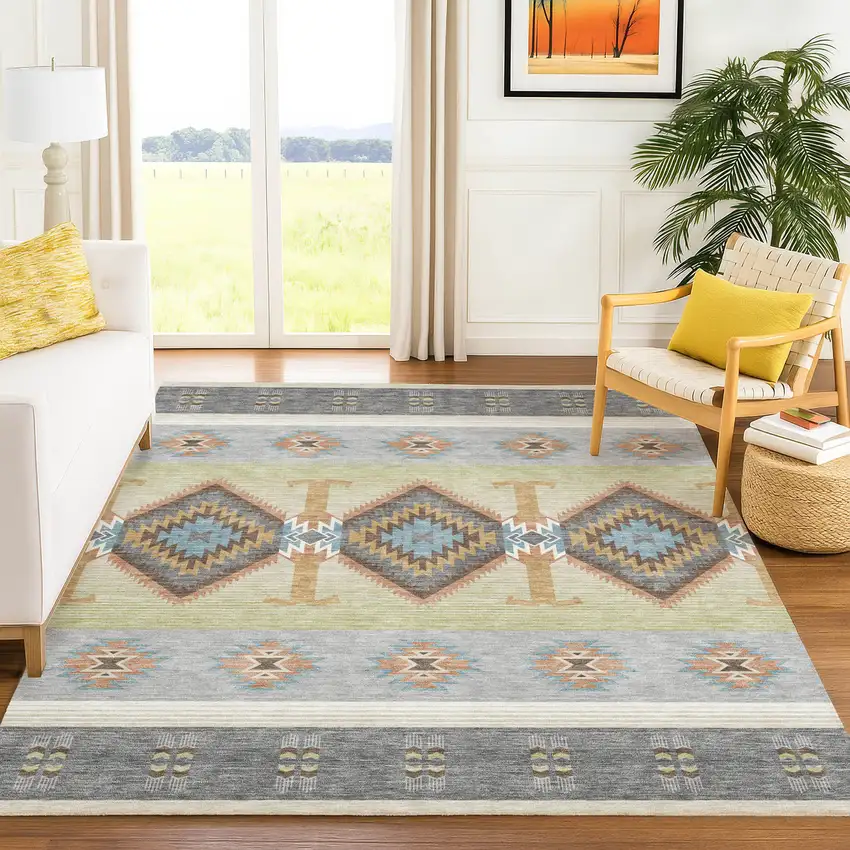 Gray And Green Southwestern Washable Indoor Outdoor Area Rug Photo 6