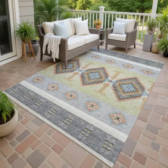 Gray And Green Southwestern Washable Indoor Outdoor Area Rug Photo 4