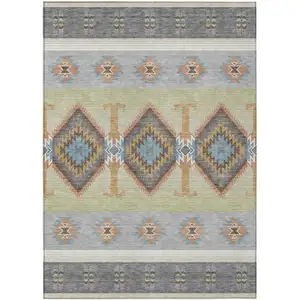 Photo of Gray And Green Southwestern Washable Indoor Outdoor Area Rug