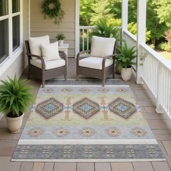 Gray And Green Southwestern Washable Indoor Outdoor Area Rug Photo 7