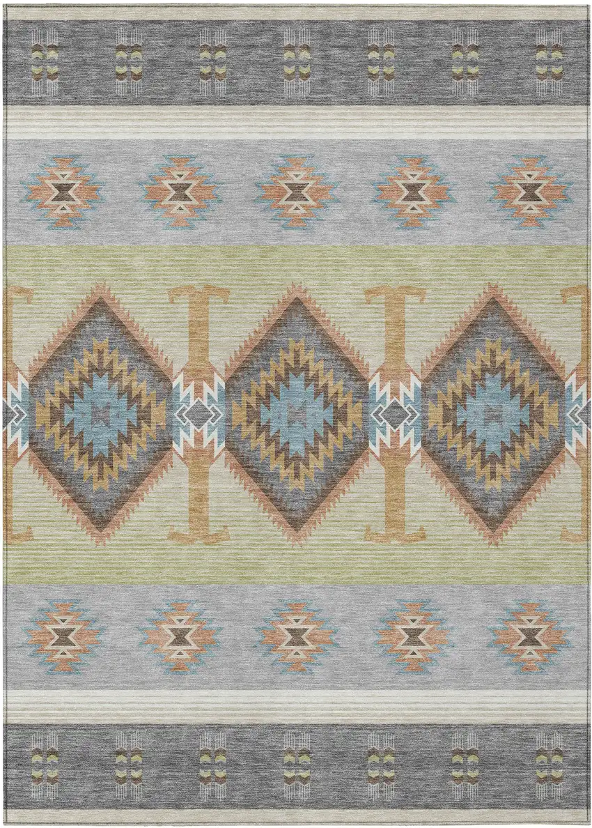 Gray And Green Southwestern Washable Indoor Outdoor Area Rug Photo 1
