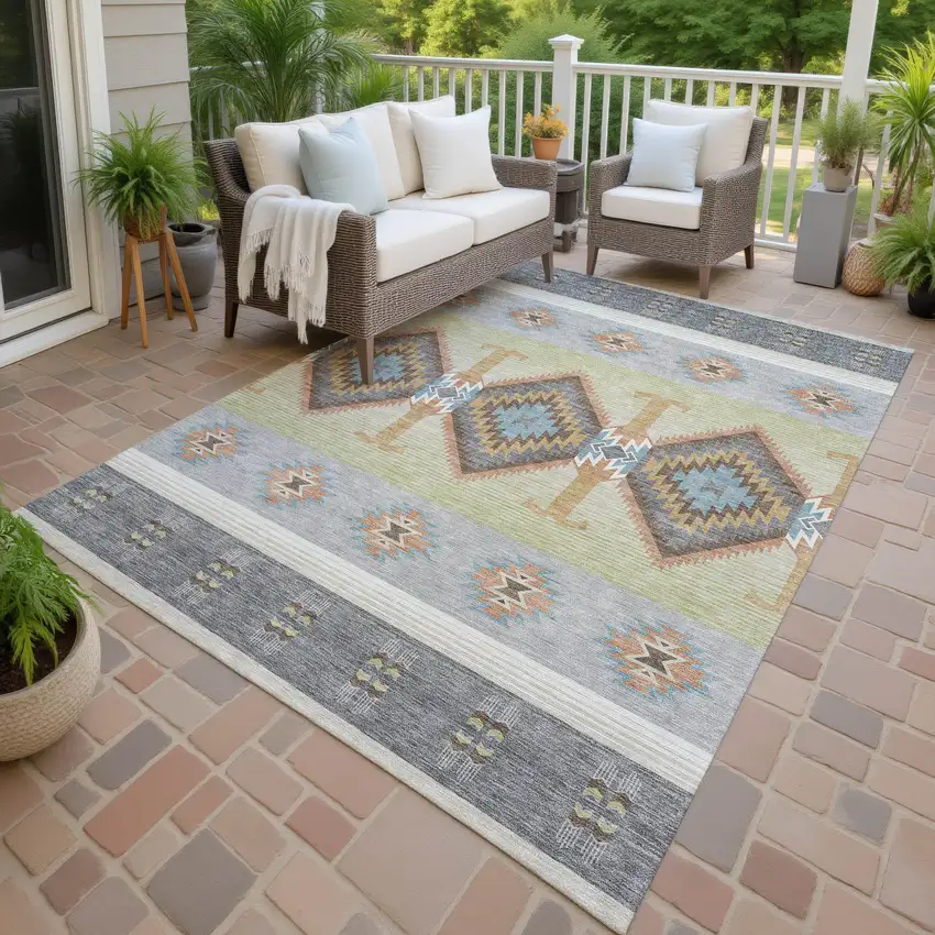 Gray And Green Southwestern Washable Indoor Outdoor Area Rug Photo 4
