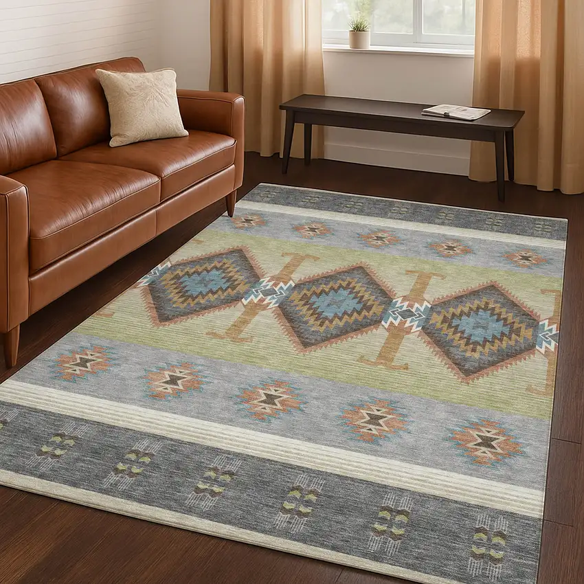 Gray And Green Southwestern Washable Indoor Outdoor Area Rug Photo 5
