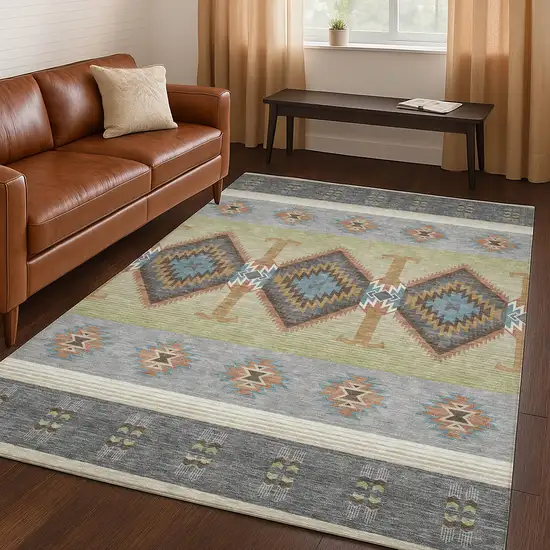 Gray And Green Southwestern Washable Indoor Outdoor Area Rug Photo 5