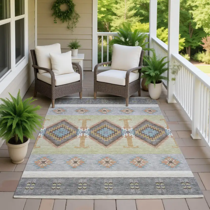 Gray And Green Southwestern Washable Indoor Outdoor Area Rug Photo 7