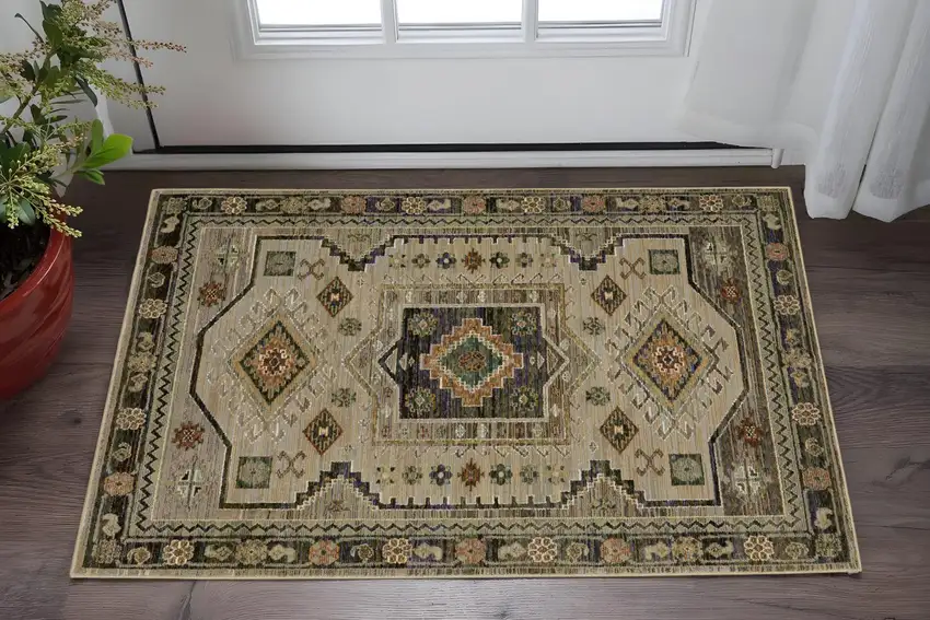 Gray And Green Tribal Area Rug Photo 1