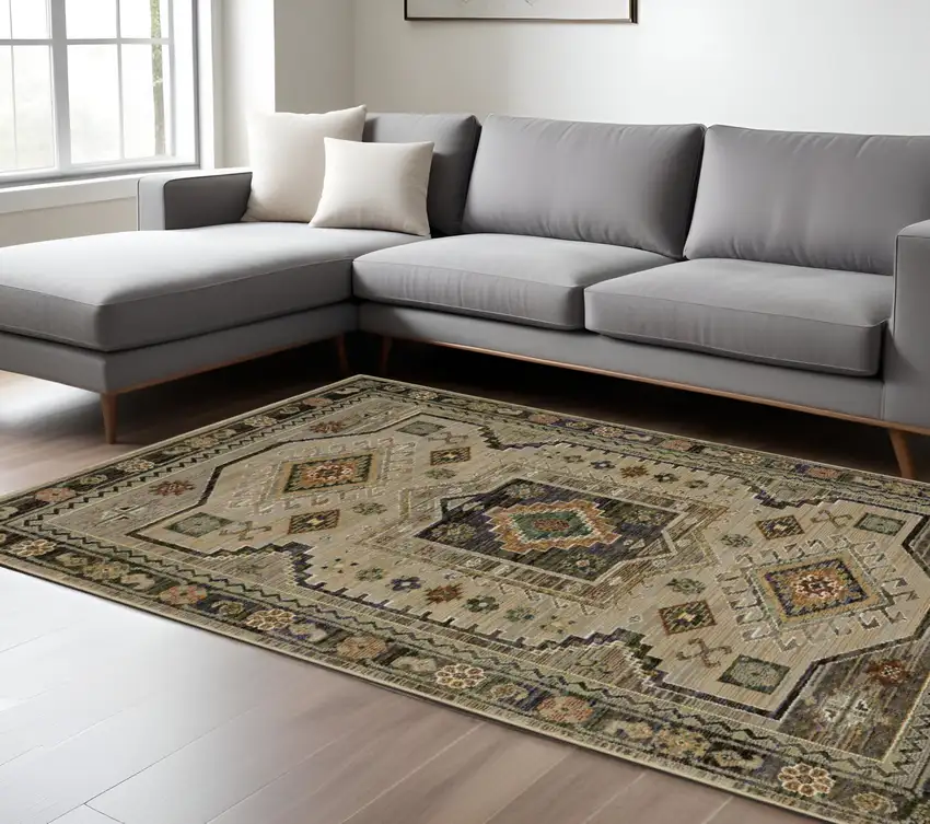 Gray And Green Tribal Area Rug Photo 1