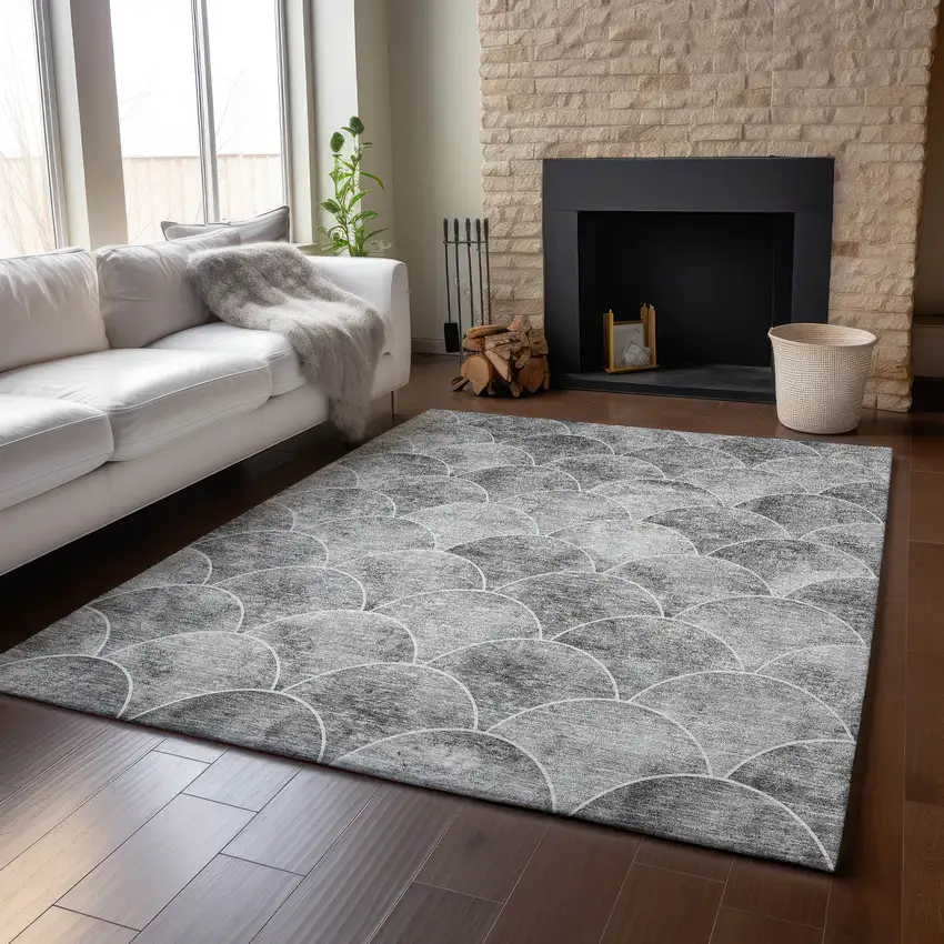 Gray And Ivory Abstract Geometric Washable Area Rug With UV Protection Photo 5