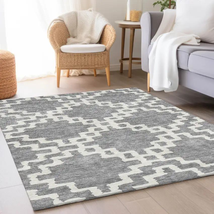 Gray And Ivory Abstract Geometric Washable Area Rug With UV Protection Photo 5