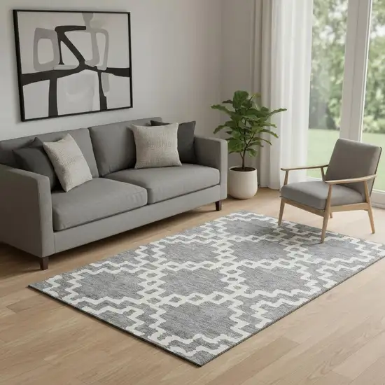 Gray And Ivory Abstract Geometric Washable Area Rug With UV Protection Photo 1