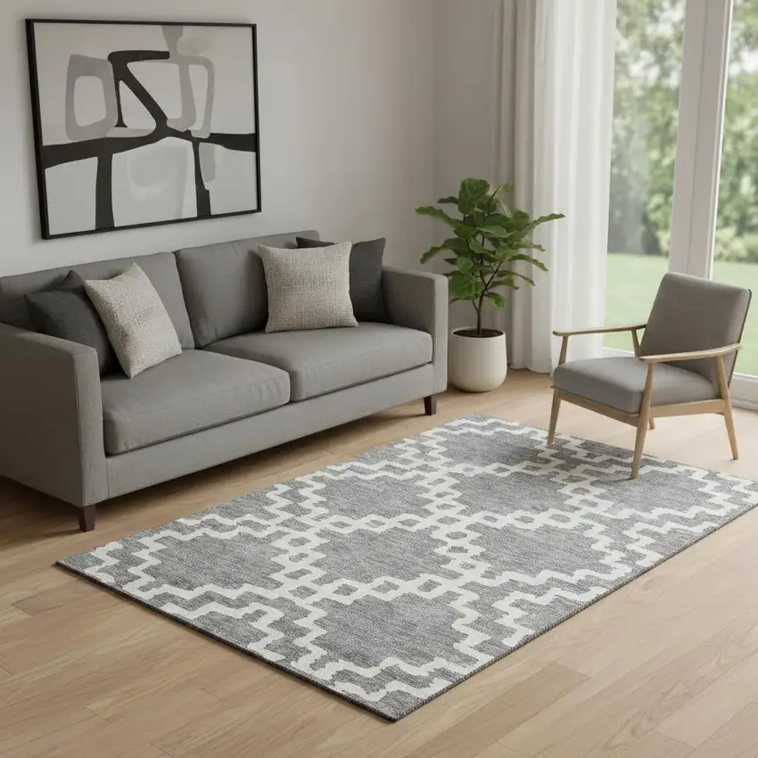 Gray And Ivory Abstract Geometric Washable Area Rug With UV Protection Photo 1