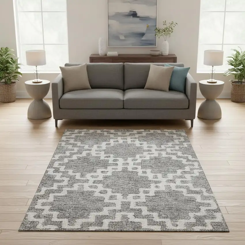 Gray And Ivory Abstract Geometric Washable Area Rug With UV Protection Photo 2