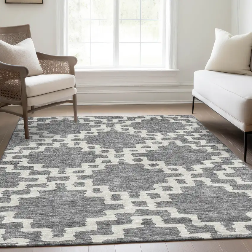Gray And Ivory Abstract Geometric Washable Area Rug With UV Protection Photo 6