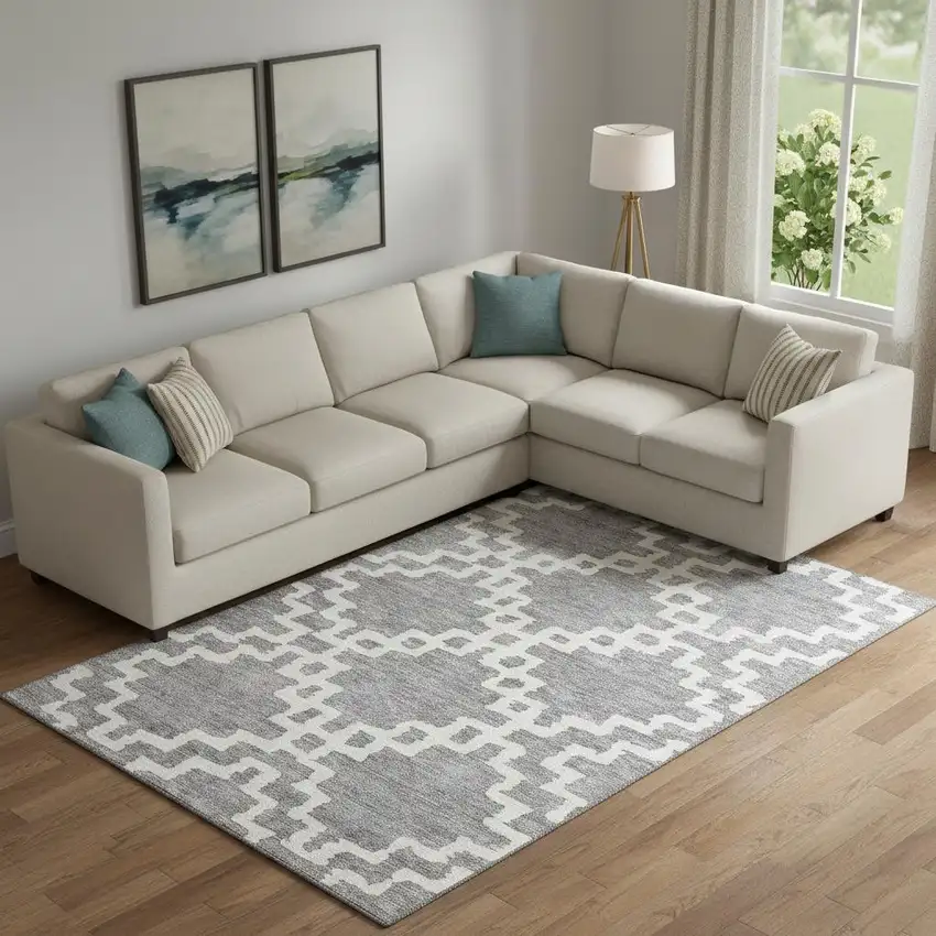 Gray And Ivory Abstract Geometric Washable Area Rug With UV Protection Photo 1