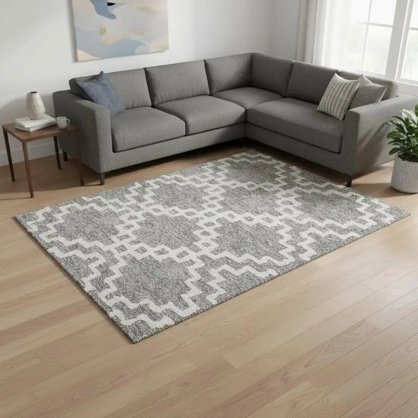 Gray And Ivory Abstract Geometric Washable Area Rug With UV Protection Photo 2