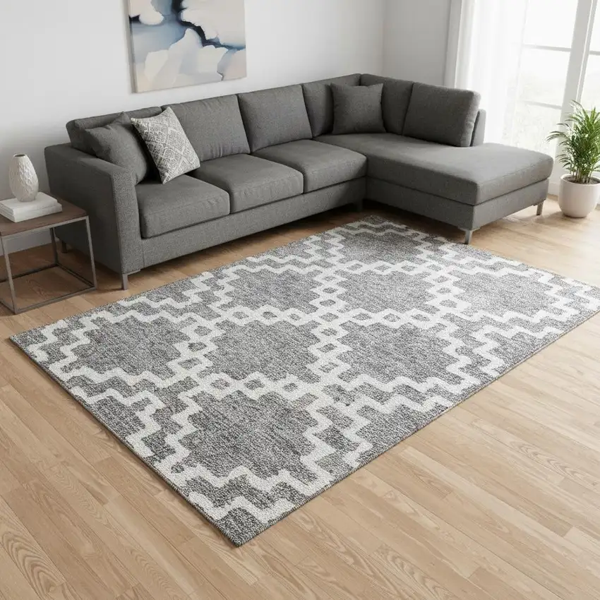 Gray And Ivory Abstract Geometric Washable Area Rug With UV Protection Photo 2