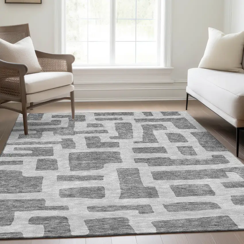 Gray And Ivory Abstract Geometric Washable Area Rug With UV Protection Photo 6