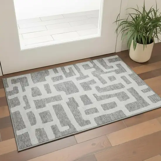 Gray And Ivory Abstract Geometric Washable Area Rug With UV Protection Photo 2