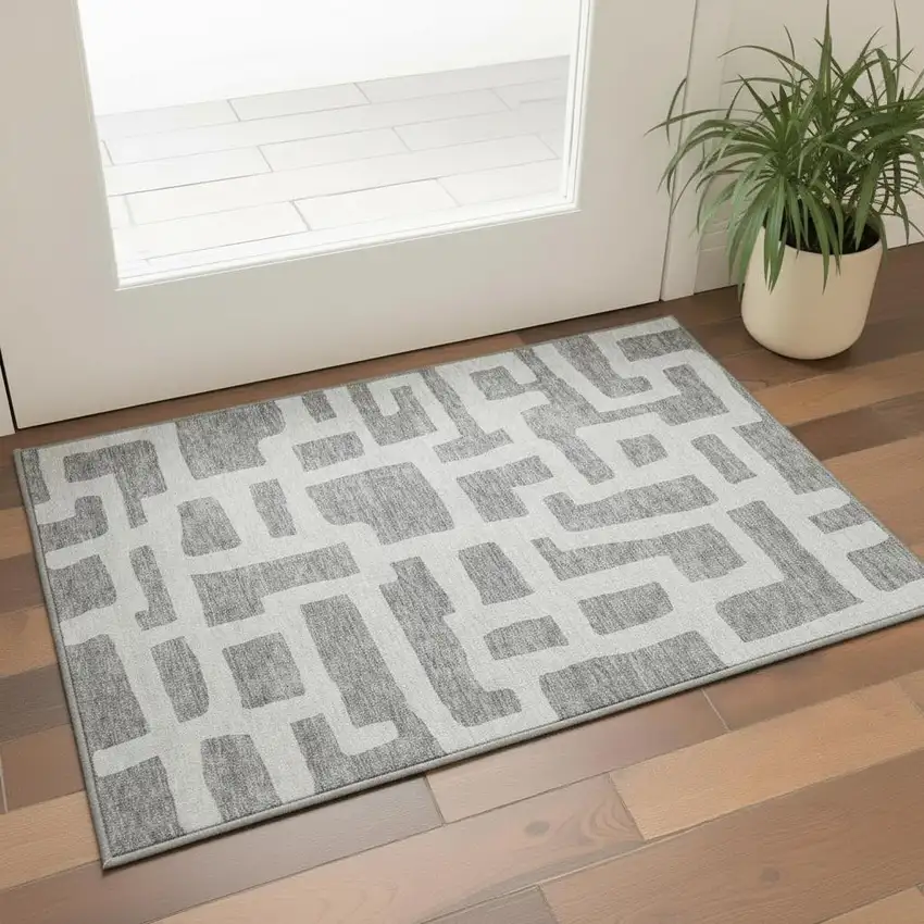 Gray And Ivory Abstract Geometric Washable Area Rug With UV Protection Photo 2