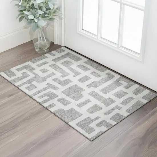 Gray And Ivory Abstract Geometric Washable Area Rug With UV Protection Photo 1
