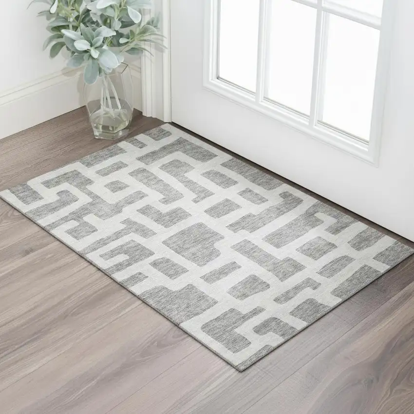 Gray And Ivory Abstract Geometric Washable Area Rug With UV Protection Photo 1