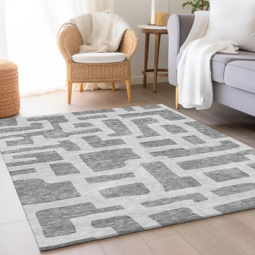 Gray And Ivory Abstract Geometric Washable Area Rug With UV Protection Photo 5