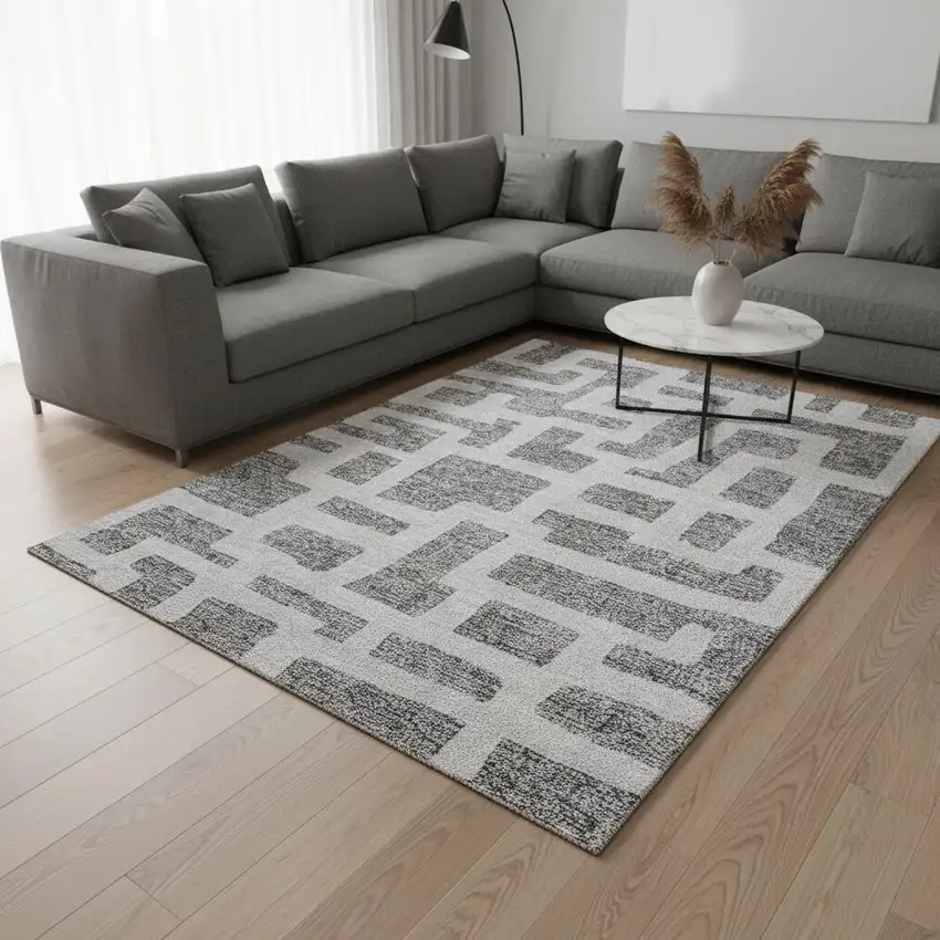 Gray And Ivory Abstract Geometric Washable Area Rug With UV Protection Photo 2