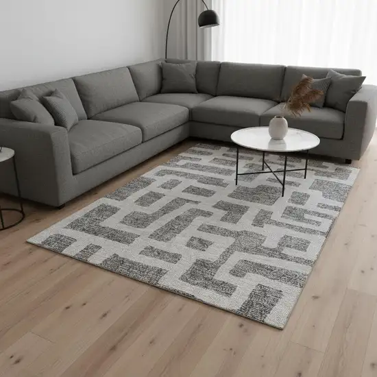 Gray And Ivory Abstract Geometric Washable Area Rug With UV Protection Photo 2