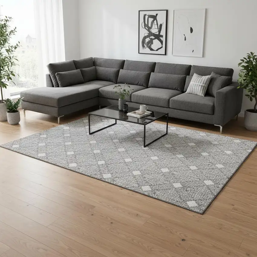 Gray And Ivory Abstract Geometric Washable Area Rug With UV Protection Photo 2