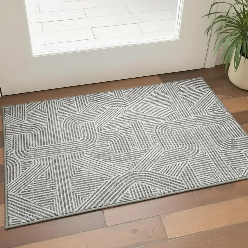 Gray And Ivory Abstract Geometric Washable Area Rug With UV Protection Photo 2