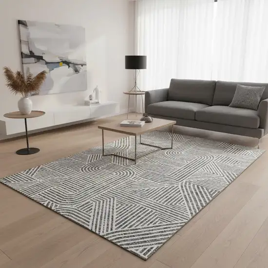 Gray And Ivory Abstract Geometric Washable Area Rug With UV Protection Photo 2