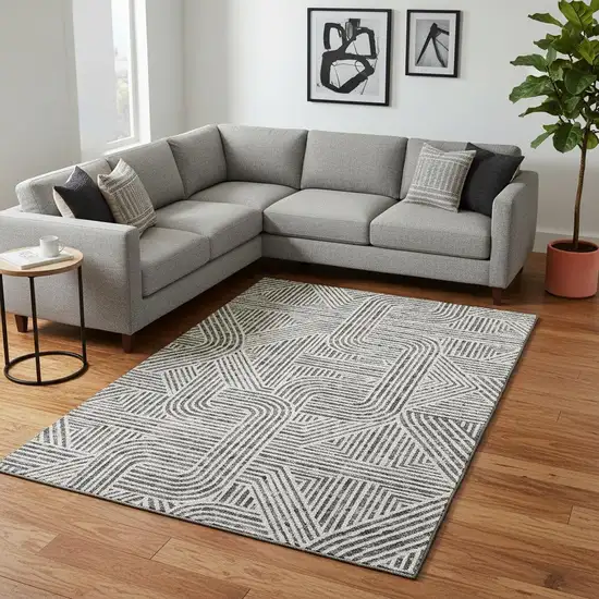 Gray And Ivory Abstract Geometric Washable Area Rug With UV Protection Photo 2