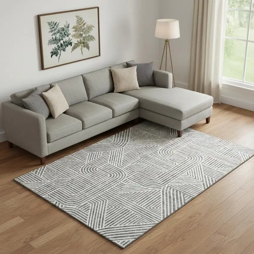 Gray And Ivory Abstract Geometric Washable Area Rug With UV Protection Photo 1