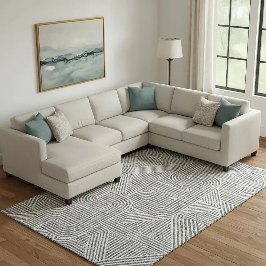 Gray And Ivory Abstract Geometric Washable Area Rug With UV Protection Photo 1