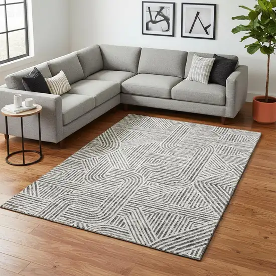 Gray And Ivory Abstract Geometric Washable Area Rug With UV Protection Photo 2