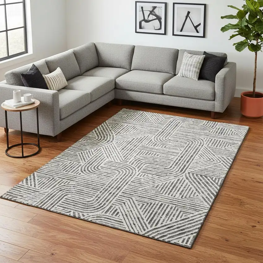 Gray And Ivory Abstract Geometric Washable Area Rug With UV Protection Photo 2