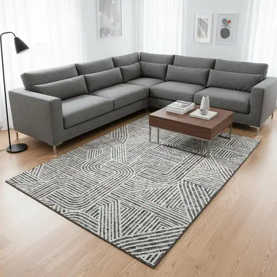 Gray And Ivory Abstract Geometric Washable Area Rug With UV Protection Photo 2