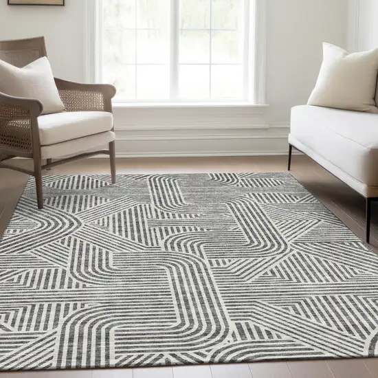 Gray And Ivory Abstract Geometric Washable Area Rug With UV Protection Photo 6