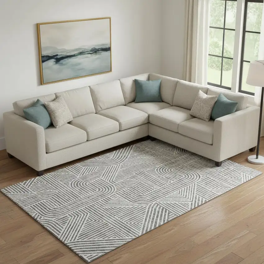 Gray And Ivory Abstract Geometric Washable Area Rug With UV Protection Photo 1