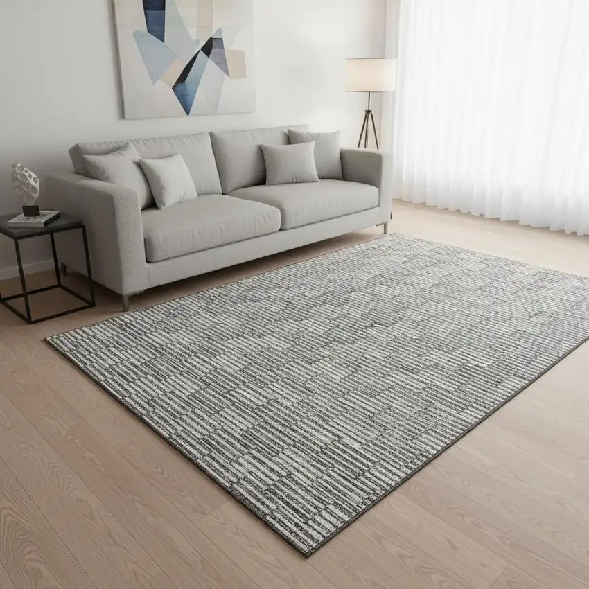 Gray And Ivory Abstract Geometric Washable Area Rug With UV Protection Photo 2