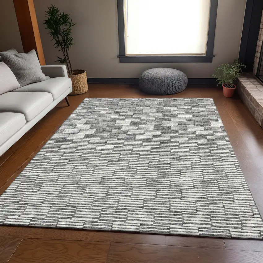 Gray And Ivory Abstract Geometric Washable Area Rug With UV Protection Photo 6