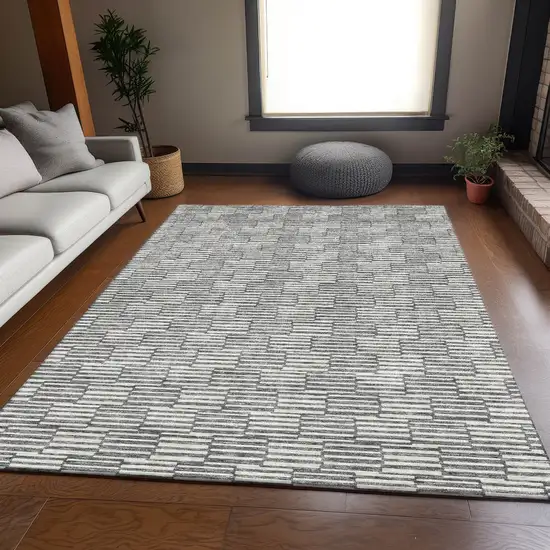Gray And Ivory Abstract Geometric Washable Area Rug With UV Protection Photo 6