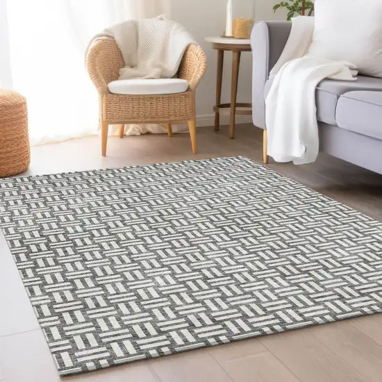 Gray And Ivory Abstract Geometric Washable Area Rug With UV Protection Photo 3